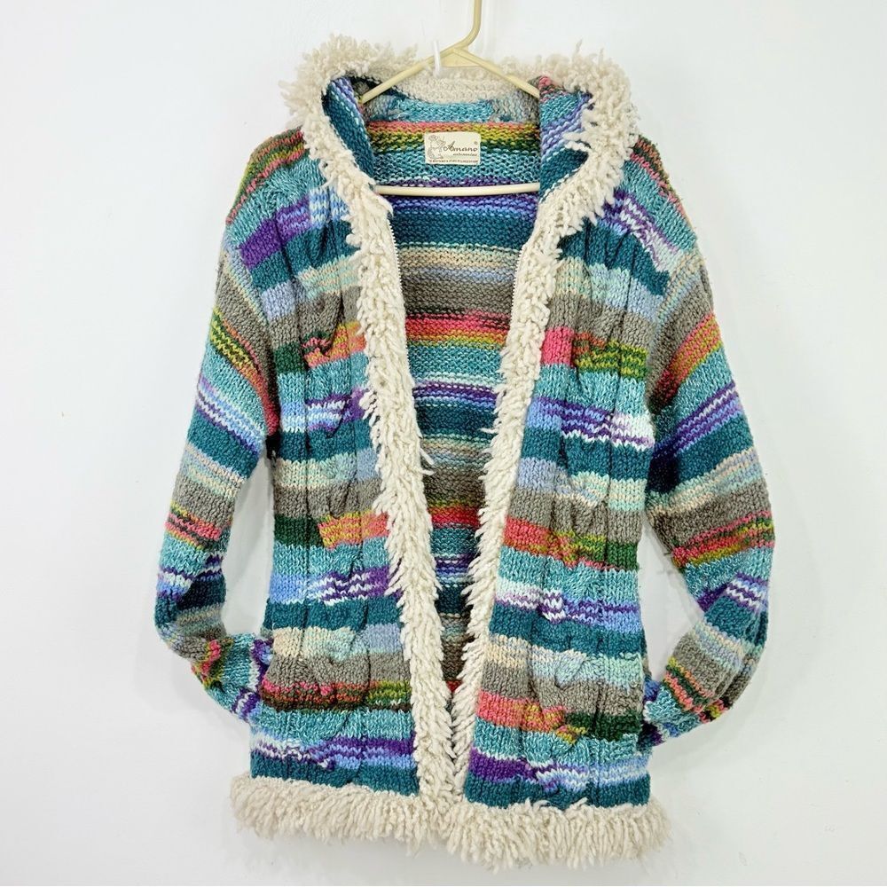 Amano Artisan Handmade Colorful Stripe Hooded Boho Fringe Retro Cardigan Sweater - Picture 5 of 12